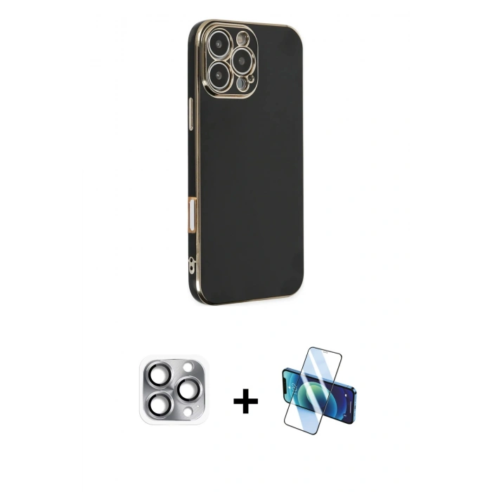 MARSİLYAN™- iPhone 16 Pro Max Kılıf Yankı Serisi - Siyah 3D Antistatik Cam Ekran Koruyucu + Pers Alüminyum Kamera Lens - GI