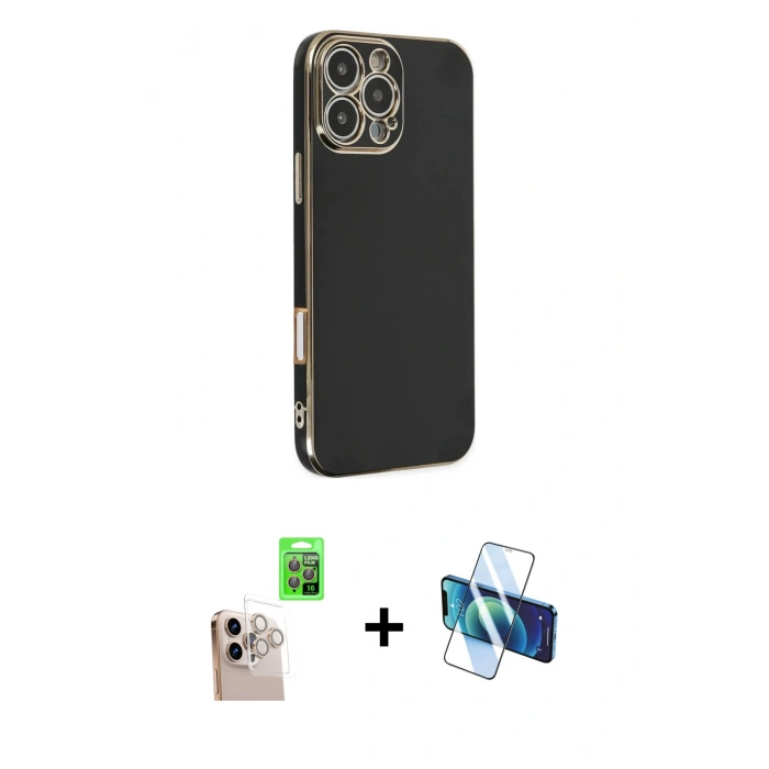 MARSİLYAN™- iPhone 16 Pro Max Kılıf Yankı Serisi - Siyah 3D Antistatik Cam Ekran Koruyucu + Raze Metal Kamera Lens - NLGY