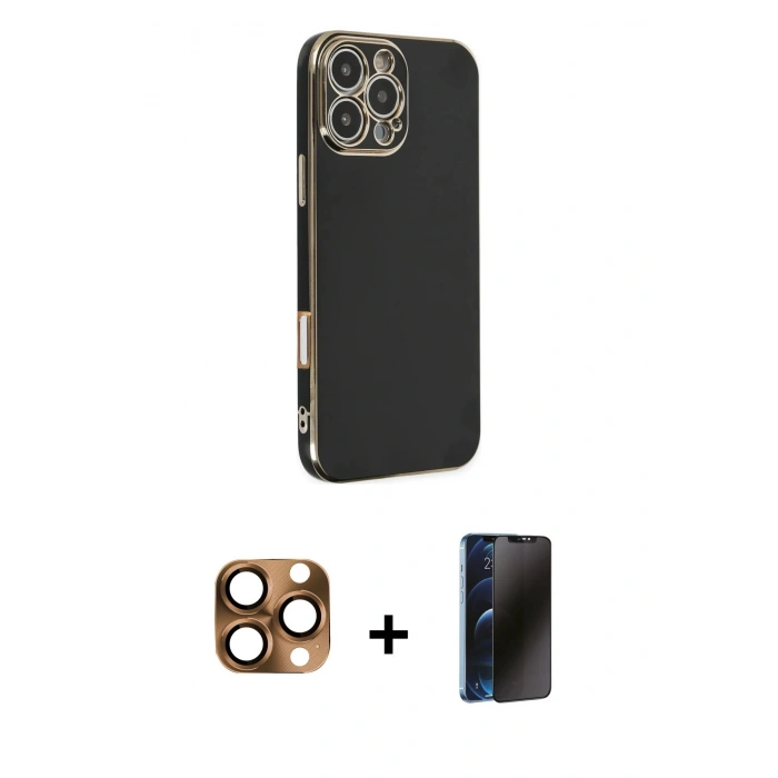 MARSİLYAN™- iPhone 16 Pro Max Kılıf Yankı Serisi - Siyah 3D Antistatik Hayalet Cam Ekran Koruyucu + Pers Alüminyum Kamera Lens - CLTM