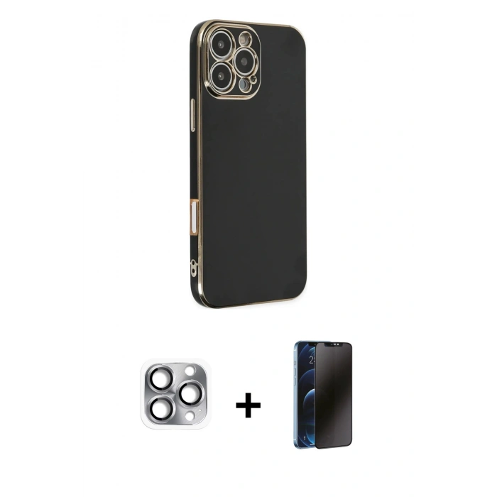 MARSİLYAN™- iPhone 16 Pro Max Kılıf Yankı Serisi - Siyah 3D Antistatik Hayalet Cam Ekran Koruyucu + Pers Alüminyum Kamera Lens - GI