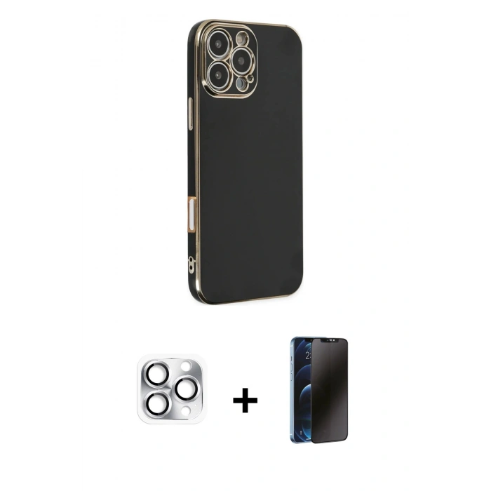 MARSİLYAN™- iPhone 16 Pro Max Kılıf Yankı Serisi - Siyah 3D Antistatik Hayalet Cam Ekran Koruyucu + Pers Alüminyum Kamera Lens - GS