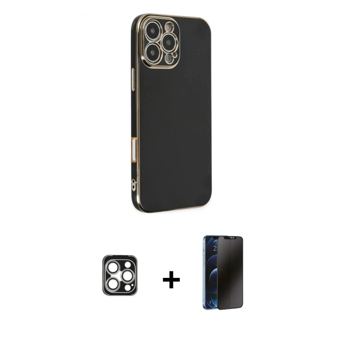 MARSİLYAN™- iPhone 16 Pro Max Kılıf Yankı Serisi - Siyah 3D Antistatik Hayalet Cam Ekran Koruyucu + PVD Metal Kamera Lens - GS