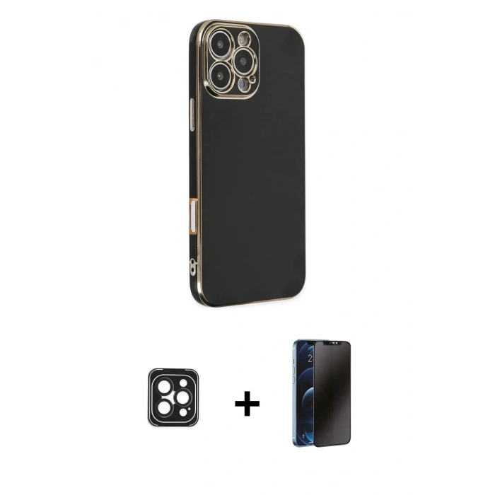 MARSİLYAN™- iPhone 16 Pro Max Kılıf Yankı Serisi - Siyah 3D Antistatik Hayalet Cam Ekran Koruyucu + PVD Metal Kamera Lens - SH