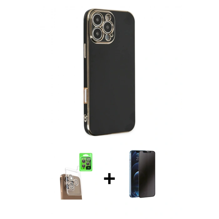 MARSİLYAN™- iPhone 16 Pro Max Kılıf Yankı Serisi - Siyah 3D Antistatik Hayalet Cam Ekran Koruyucu + Raze Metal Kamera Lens - CLTM