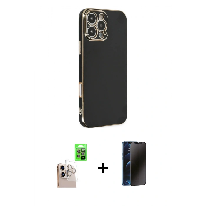 MARSİLYAN™- iPhone 16 Pro Max Kılıf Yankı Serisi - Siyah 3D Antistatik Hayalet Cam Ekran Koruyucu + Raze Metal Kamera Lens - NLGY