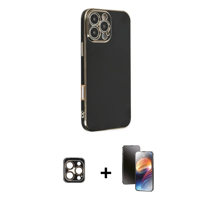 MARSİLYAN™- iPhone 16 Pro Max Kılıf Yankı Serisi - Siyah 3D Antistatik Mat Seramik Nano Ekran Koruyucu + PVD Metal Kamera Lens - GD