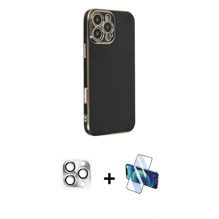 MARSİLYAN™- iPhone 16 Pro Max Kılıf Yankı Serisi - Siyah 3D Antistatik Seramik Nano Ekran Koruyucu + Pers Alüminyum Kamera Lens - GS