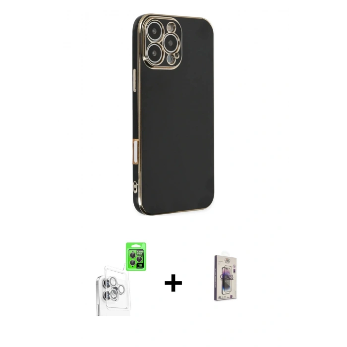 MARSİLYAN™- iPhone 16 Pro Max Kılıf Yankı Serisi - Siyah Bilvis 3D Cam Ekran Koruyucu + Raze Metal Kamera Lens - BZ