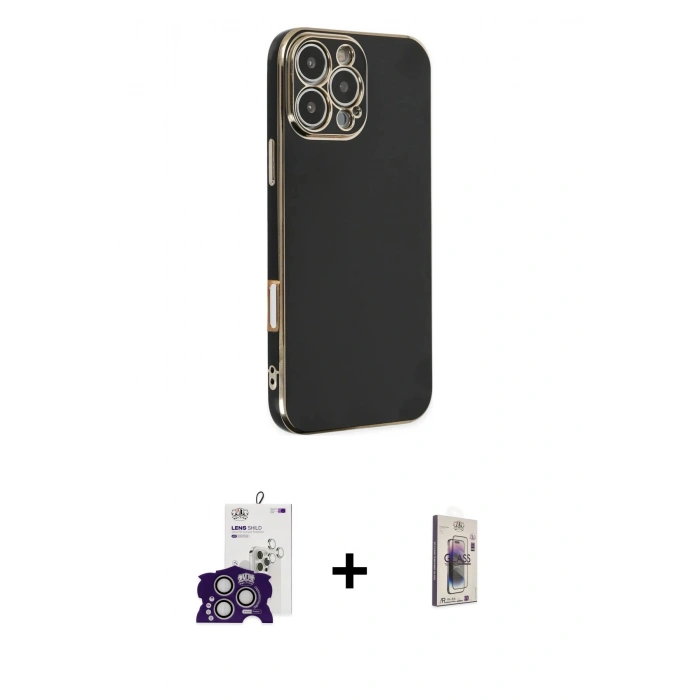 MARSİLYAN™- iPhone 16 Pro Max Kılıf Yankı Serisi - Siyah Bilvis 3D Cam Ekran Koruyucu + Bilvis Titan Kamera Lens - GS