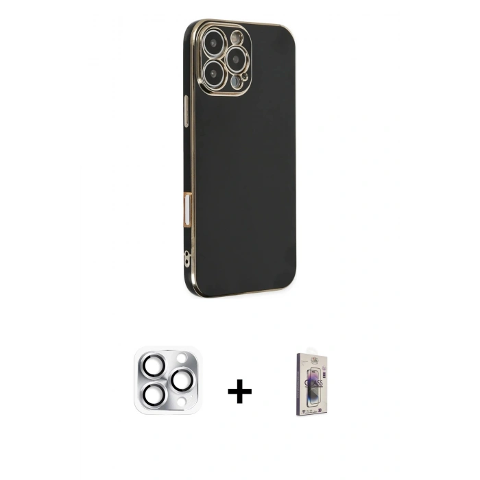 MARSİLYAN™- iPhone 16 Pro Max Kılıf Yankı Serisi - Siyah Bilvis 3D Cam Ekran Koruyucu + Pers Alüminyum Kamera Lens - GS