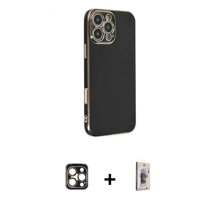 MARSİLYAN™- iPhone 16 Pro Max Kılıf Yankı Serisi - Siyah Bilvis 3D Cam Ekran Koruyucu + PVD Metal Kamera Lens - GD