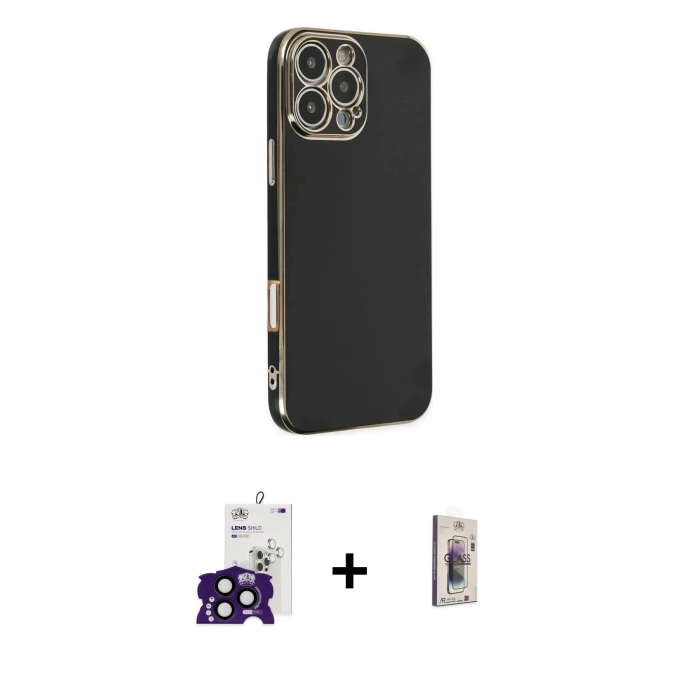 MARSİLYAN™- iPhone 16 Pro Max Kılıf Yankı Serisi - Siyah Bilvis 3D Cam Ekran Koruyucu + Bilvis Titan Kamera Lens - SH