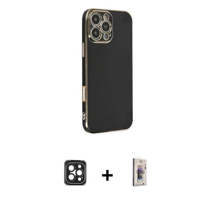 MARSİLYAN™- iPhone 16 Pro Max Kılıf Yankı Serisi - Siyah Bilvis 3D Cam Ekran Koruyucu + PVD Metal Kamera Lens - SH