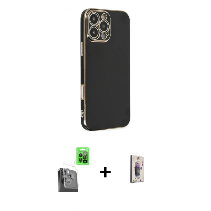 MARSİLYAN™- iPhone 16 Pro Max Kılıf Yankı Serisi - Siyah Bilvis 3D Cam Ekran Koruyucu + Raze Metal Kamera Lens - SH