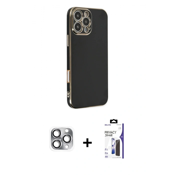MARSİLYAN™- iPhone 16 Pro Max Kılıf Yankı Serisi - Siyah Bilvis 3X AR Hayalet Cam Ekran Koruyucu + Pers Alüminyum Kamera Lens - GI