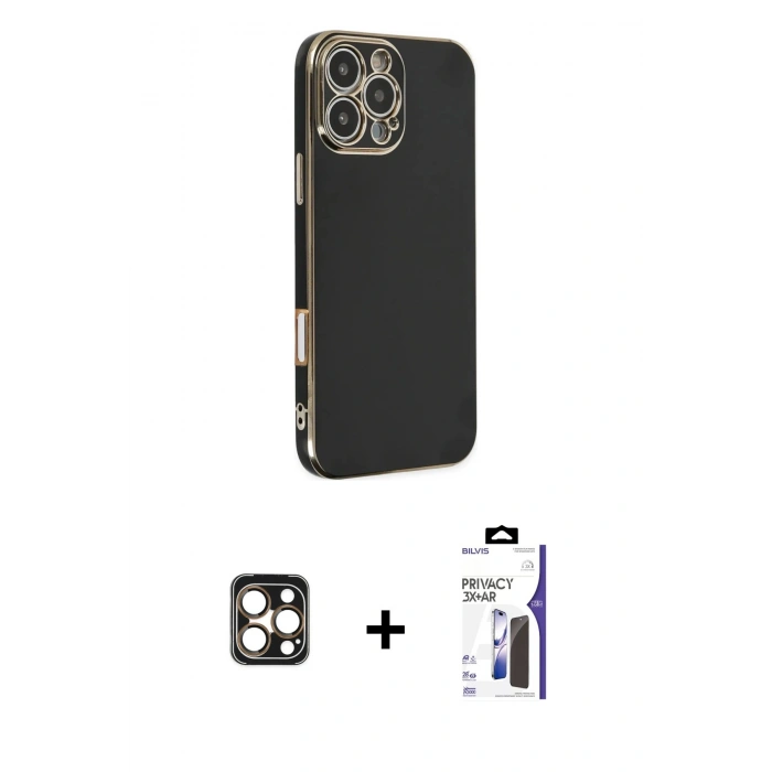 MARSİLYAN™- iPhone 16 Pro Max Kılıf Yankı Serisi - Siyah Bilvis 3X AR Hayalet Cam Ekran Koruyucu + PVD Metal Kamera Lens - GD