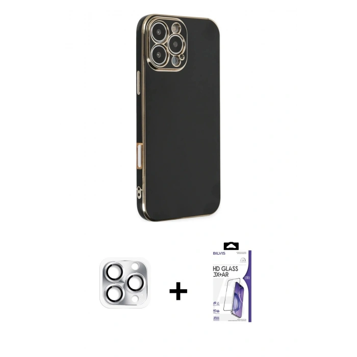 MARSİLYAN™- iPhone 16 Pro Max Kılıf Yankı Serisi - Siyah Bilvis 3X AR HD Cam Ekran Koruyucu + Pers Alüminyum Kamera Lens - GS
