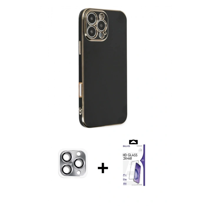 MARSİLYAN™- iPhone 16 Pro Max Kılıf Yankı Serisi - Siyah Bilvis 3X AR HD Cam Ekran Koruyucu + Pers Alüminyum Kamera Lens - GI