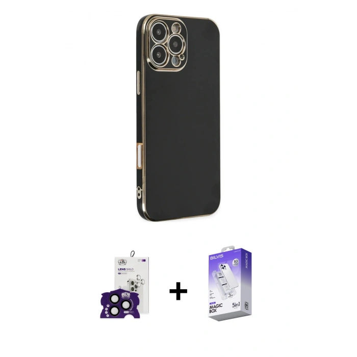 MARSİLYAN™- iPhone 16 Pro Max Kılıf Yankı Serisi - Siyah Bilvis 5in1 3D Magic Cam Ekran Koruyucu + Bilvis Titan Kamera Lens - SH