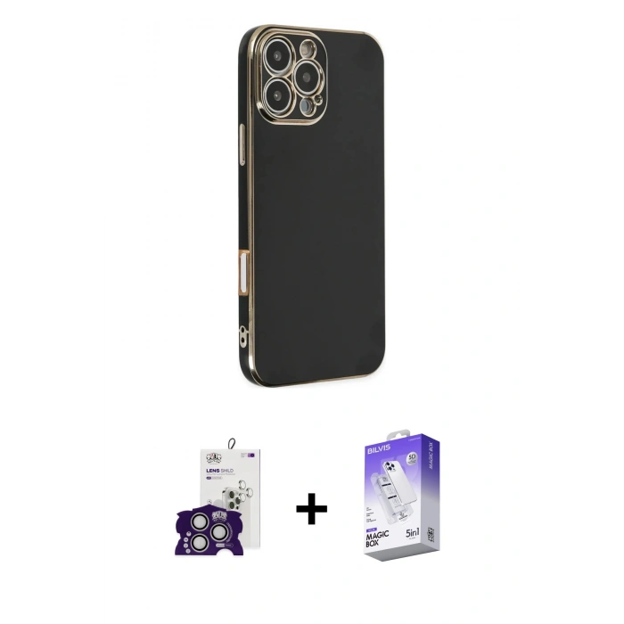 MARSİLYAN™- iPhone 16 Pro Max Kılıf Yankı Serisi - Siyah Bilvis 5in1 3D Magic Cam Ekran Koruyucu + Gümüş Bilvis Titan Kamera Lens