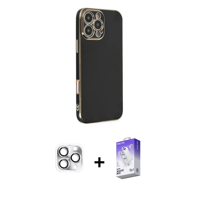 MARSİLYAN™- iPhone 16 Pro Max Kılıf Yankı Serisi - Siyah Bilvis 5in1 3D Magic Cam Ekran Koruyucu + Gümüş Pers Alüminyum Kamera Lens