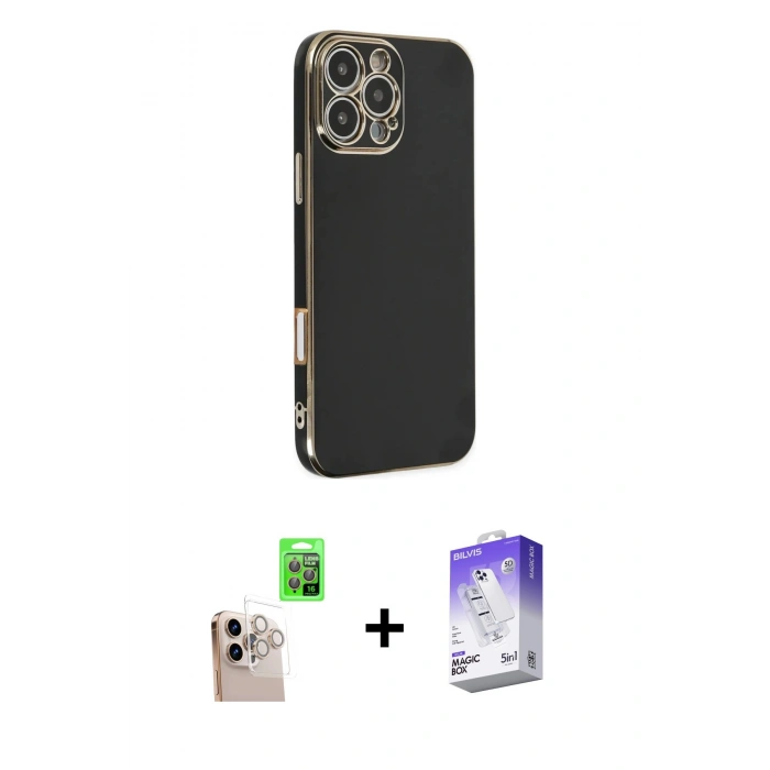 MARSİLYAN™- iPhone 16 Pro Max Kılıf Yankı Serisi - Siyah Bilvis 5in1 3D Magic Cam Ekran Koruyucu + Raze Metal Kamera Lens - NLGY