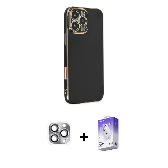 MARSİLYAN™- iPhone 16 Pro Max Kılıf Yankı Serisi - Siyah Bilvis 5in1 3D Magic Cam Ekran Koruyucu + Pers Alüminyum Kamera Lens - GI
