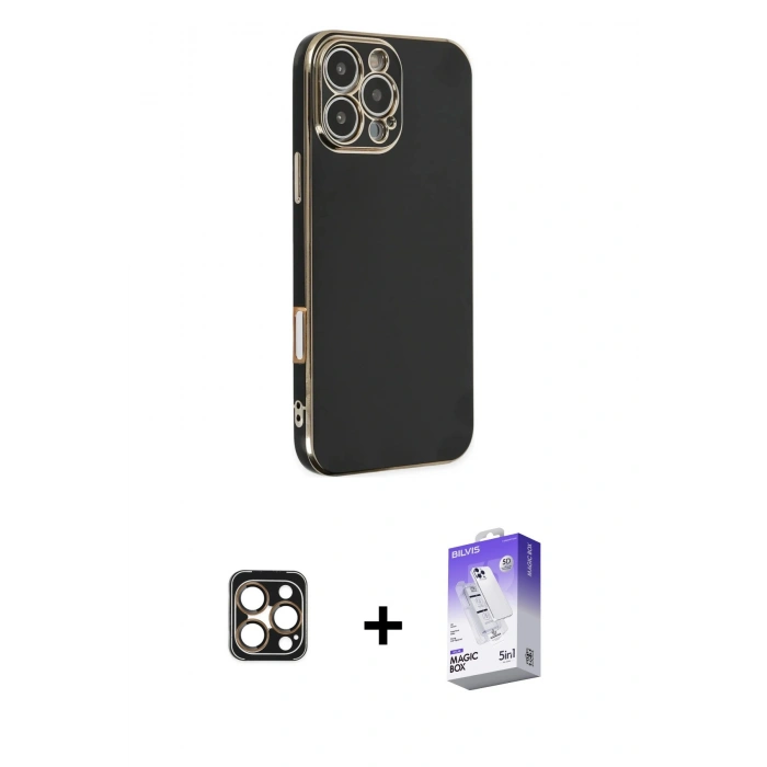 MARSİLYAN™- iPhone 16 Pro Max Kılıf Yankı Serisi - Siyah Bilvis 5in1 3D Magic Cam Ekran Koruyucu + PVD Metal Kamera Lens - GD
