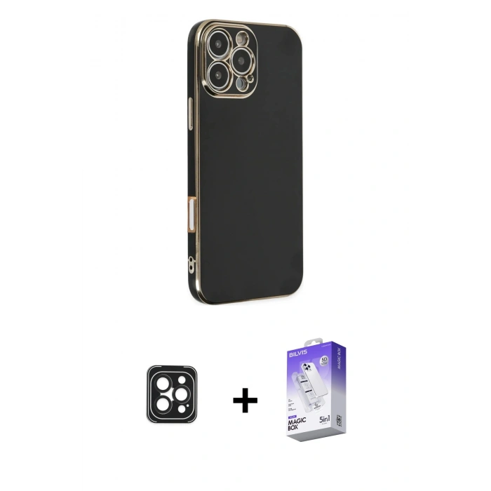 MARSİLYAN™- iPhone 16 Pro Max Kılıf Yankı Serisi - Siyah Bilvis 5in1 3D Magic Cam Ekran Koruyucu + PVD Metal Kamera Lens - SH