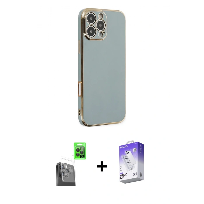 MARSİLYAN™- iPhone 16 Pro Max Kılıf Yankı Serisi - Siyah Bilvis 5in1 3D Magic Cam Ekran Koruyucu + Raze Metal Kamera Lens - SH
