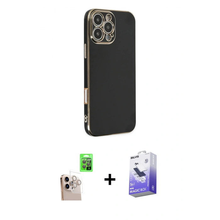 MARSİLYAN™- iPhone 16 Pro Max Kılıf Yankı Serisi - Siyah Bilvis 5in1 5D Magic Hayalet Cam Ekran Koruyucu + Raze Metal Kamera Lens - NLGY