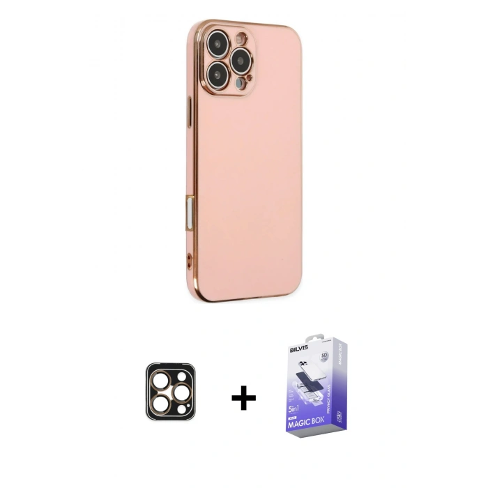 MARSİLYAN™- iPhone 16 Pro Max Kılıf Yankı Serisi - Siyah Bilvis 5in1 5D Magic Hayalet Cam Ekran Koruyucu + PVD Metal Kamera Lens - GD