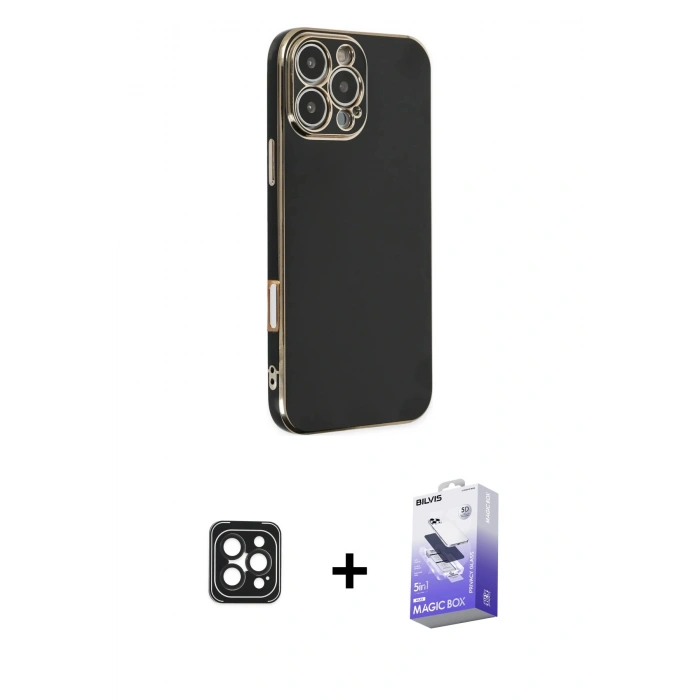 MARSİLYAN™- iPhone 16 Pro Max Kılıf Yankı Serisi - Siyah Bilvis 5in1 5D Magic Hayalet Cam Ekran Koruyucu + PVD Metal Kamera Lens - SH
