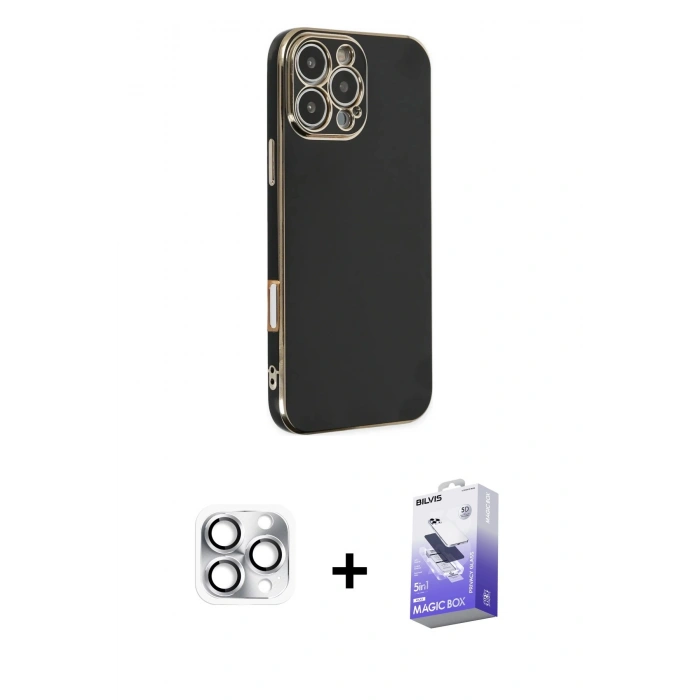 MARSİLYAN™- iPhone 16 Pro Max Kılıf Yankı Serisi - Siyah Bilvis 5in1 5D Magic Hayalet Cam Ekran Koruyucu + Pers Alüminyum Kamera Lens - GS