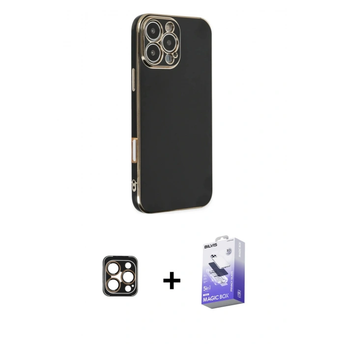 MARSİLYAN™- iPhone 16 Pro Max Kılıf Yankı Serisi - Siyah Bilvis 5in1 5D Magic Hayalet Cam Ekran Koruyucu + PVD Metal Kamera Lens - GD