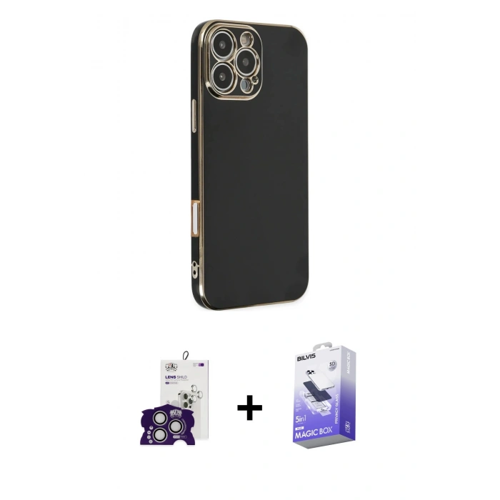 MARSİLYAN™- iPhone 16 Pro Max Kılıf Yankı Serisi - Siyah Bilvis 5in1 5D Magic Hayalet Cam Ekran Koruyucu + Bilvis Titan Kamera Lens - GS
