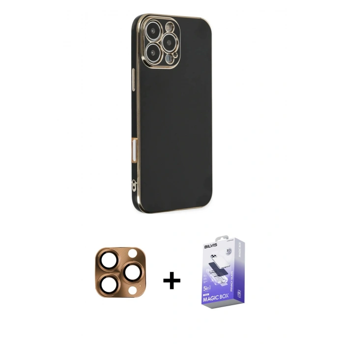 MARSİLYAN™- iPhone 16 Pro Max Kılıf Yankı Serisi - Siyah Bilvis 5in1 5D Magic Hayalet Cam Ekran Koruyucu + Çöl Titanyum Pers Alüminyum Kamera Lens