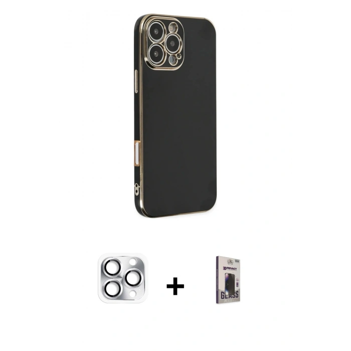 MARSİLYAN™- iPhone 16 Pro Max Kılıf Yankı Serisi - Siyah Bilvis Hayalet Cam Ekran Koruyucu + Pers Alüminyum Kamera Lens - GS