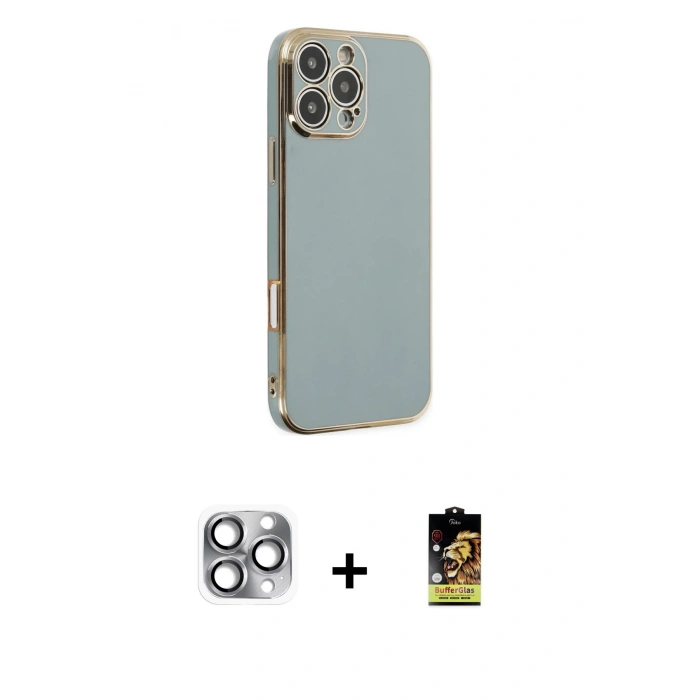 MARSİLYAN™- iPhone 16 Pro Max Kılıf Yankı Serisi - Siyah Buffer Cam Ekran Koruyucu + Gri Pers Alüminyum Kamera Lens