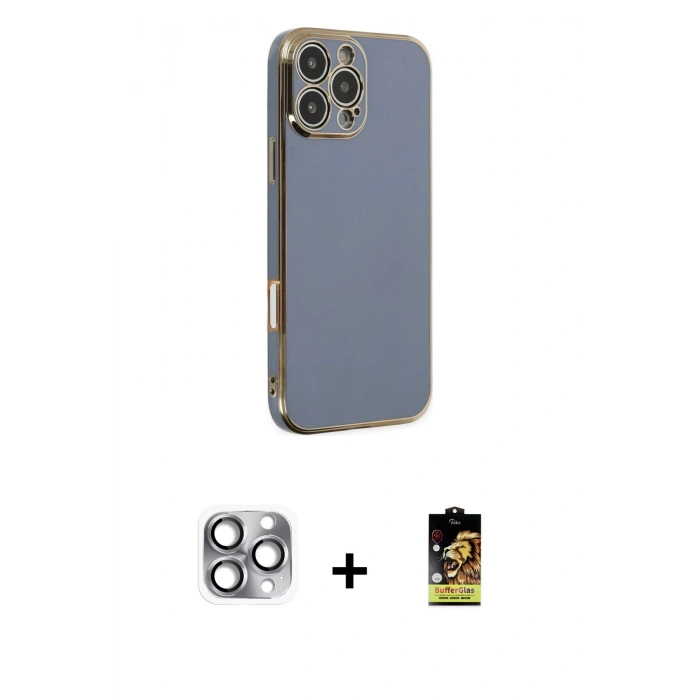 MARSİLYAN™- iPhone 16 Pro Max Kılıf Yankı Serisi - Siyah Buffer Cam Ekran Koruyucu + Gri Pers Alüminyum Kamera Lens