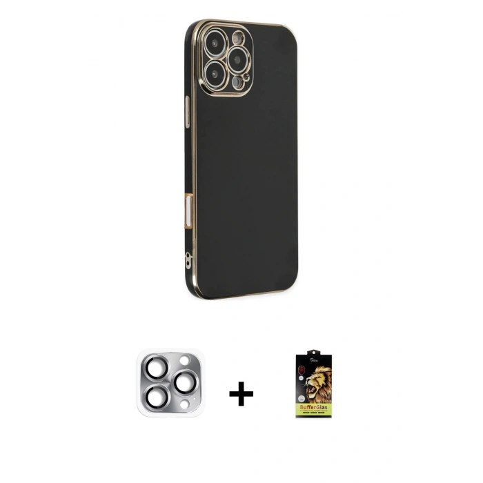 MARSİLYAN™- iPhone 16 Pro Max Kılıf Yankı Serisi - Siyah Buffer Cam Ekran Koruyucu + Gri Pers Alüminyum Kamera Lens