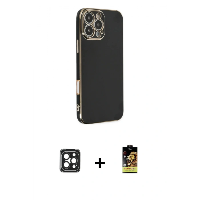 MARSİLYAN™- iPhone 16 Pro Max Kılıf Yankı Serisi - Siyah Buffer Cam Ekran Koruyucu + PVD Metal Kamera Lens - SH