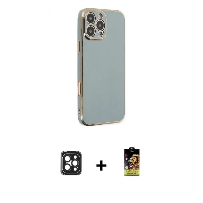 MARSİLYAN™- iPhone 16 Pro Max Kılıf Yankı Serisi - Siyah Buffer Cam Ekran Koruyucu + PVD Metal Kamera Lens - SH