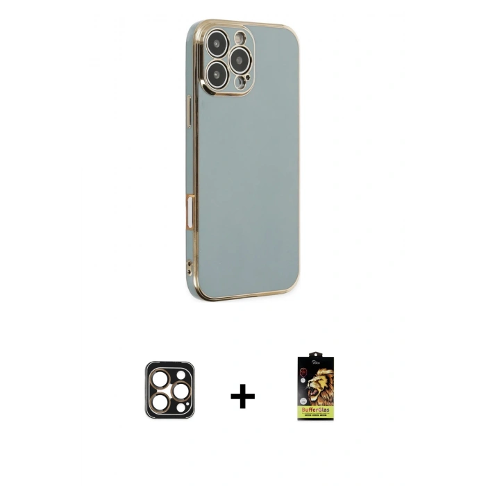 MARSİLYAN™- iPhone 16 Pro Max Kılıf Yankı Serisi - Siyah Buffer Cam Ekran Koruyucu + PVD Metal Kamera Lens - GD