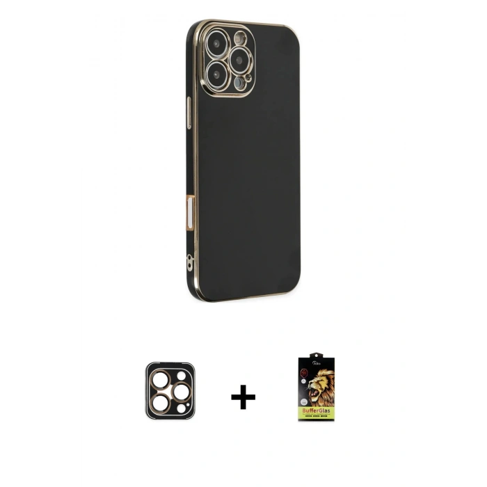 MARSİLYAN™- iPhone 16 Pro Max Kılıf Yankı Serisi - Siyah Buffer Cam Ekran Koruyucu + PVD Metal Kamera Lens - GD