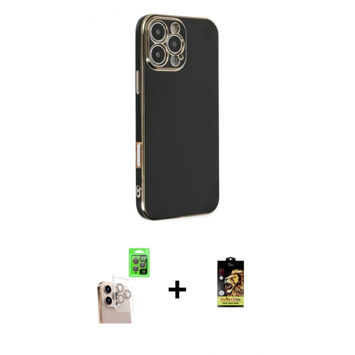 MARSİLYAN™- iPhone 16 Pro Max Kılıf Yankı Serisi - Siyah Buffer Cam Ekran Koruyucu + Raze Metal Kamera Lens - NLGY