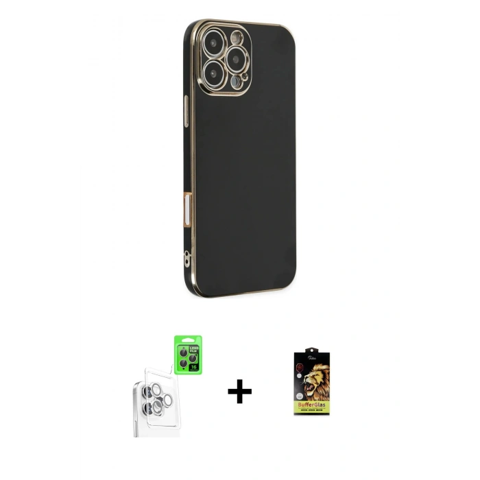 MARSİLYAN™- iPhone 16 Pro Max Kılıf Yankı Serisi - Siyah Buffer Cam Ekran Koruyucu + Raze Metal Kamera Lens - BZ