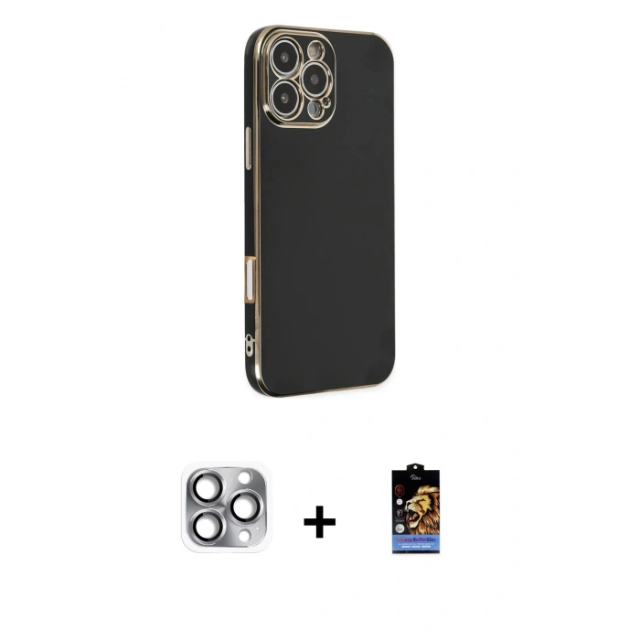 MARSİLYAN™- iPhone 16 Pro Max Kılıf Yankı Serisi - Siyah Buffer Hayalet Cam Ekran Koruyucu + Pers Alüminyum Kamera Lens - GI