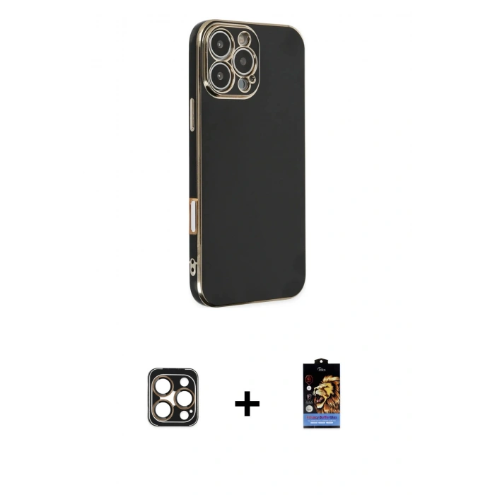 MARSİLYAN™- iPhone 16 Pro Max Kılıf Yankı Serisi - Siyah Buffer Hayalet Cam Ekran Koruyucu + PVD Metal Kamera Lens - GD