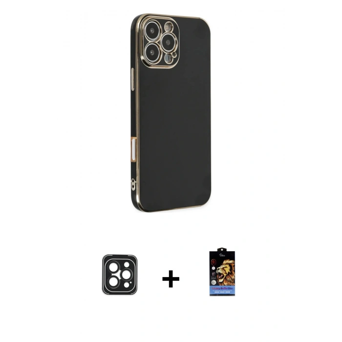 MARSİLYAN™- iPhone 16 Pro Max Kılıf Yankı Serisi - Siyah Buffer Hayalet Cam Ekran Koruyucu + PVD Metal Kamera Lens - SH